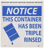 NMC HW23 Hazard Label, Legend"Notice - This Container HAS Been Triple Rinsed", 6 Length x 6" Height, Pressure Sensitive Vinyl, Blue on White (Pack of 25)
