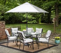 Hanover Lavallette 7 Piece Outdoor Dining Set with Table Umbrella and Base, Grey