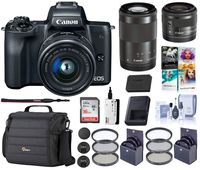 Canon EOS M50 Mirrorless Camera with EF-M 15-45mm f/3.5-6.3 and EF-M 55-200mm f/4.5-6.3 is STM Lenses, Black - Bundle with 16GB SDHC Card, Camera Case, 49mm/52mm Filter Kits, Cleaning Kit, and More