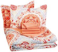 AmazonBasics 7-Piece Light-Weight Microfiber Bed-In-A-Bag Comforter Bedding Set - Full or Queen, Coral Medallion