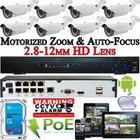 USG Sony DSP 8 Camera Motorized Lens Remote Zoom & Auto-Focus IP PoE Security System CCTV Kit 8X 1080p 2mp 2.8-12mm Bullet Cameras + 1x 8 Channel 1080P PoE NVR + 1x 4TB HDD Free Phone APP