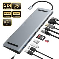 Updated Version USB C Hub, YEMO 12 in 1 Type C Hub Dongle to Ethernet, 4K HDMI & Mini DP, VGA,4 USB3.0/75W PD/SD&TF Card Reader/Mic&Audio for Mac Book&Type C Laptops