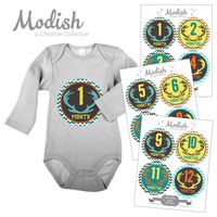 12 Monthly Baby Stickers, Deer Antlers, Boy, Baby Belly Stickers, Monthly Onesie Stickers, First Year Stickers Months 1-12, Chevron, Brown, Teal, Blue, Mint, Orange, Woodland, Baby Boy