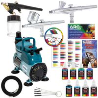 3 Master Airbrush Professional Acrylic Paint Airbrushing System Kit with Powerful Cool Running Air Compressor - 6 U.S. Art Supply Primary Opaque Paint Colors Set - Gravity and Siphon Feed Airbrushes