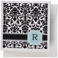 3dRose Letter R Personal Monogrammed Mint Blue Black and White Damask Pattern 6 x 6 Inches Greeting Cards, Set of 12 (gc_154367_2)