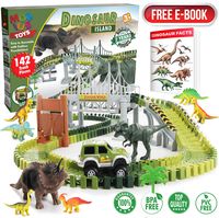 Dinosaur Toy Race Tracks for Boys and Girls - 160 Piece Flexible Assembly Train Tracks Set with Jumbo Toy Dinosaurs, Dinosaur Race Car Track Train Truck for Kids Ages 3 4 5 6 7 8 Years Old
