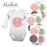 Modish Labels 12 Monthly Baby Stickers, Baby Girl, Pink, Mint, Arrows, Chevron, Tribal, Baby Book Keepsake, Photo Prop, Baby Shower Gift