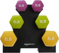 AmazonBasics 32 Pounds Neoprene Workout Dumbbell Weights with Weight Rack - 3 Pairs of Dumbbells