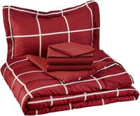 AmazonBasics 5-Piece Light-Weight Microfiber Bed-In-A-Bag Comforter Bedding Set - Twin or Twin XL, Burgundy Simple Plaid
