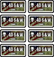 Linni's Vinyl Banners .40 S&W Ammo Can Stickers | Patriotic USA | Punisher | 8-Pack Ammo Can Decals Bullet Sticker 3 x 1 | 100% PVC - Waterproof, Non-Fade, UV Resistant