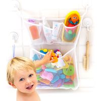 Tub Cubby Bath Toy Organizer + Baby Rubber Ducky - 14"x20 Mold Resistant Mesh Net Basket - 3 Soap Shampoo Dividers - Keeps Kids Bathtub Games Dry - Suction & Sticker Hooks Shower Caddy Storage Bin Set