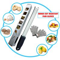 Lemon Citrus Zester & cheese Grater (Black),Bonus Cut Resistant Pair Gloves, Parmesan Cheese, Lemon, Ginger, Garlic, Nutmeg, Vegetables, Fruits - Razor-sharp Stainless Steel Blade, Dishwasher Safe!