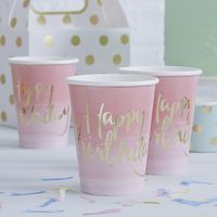 Ginger Ray 8 P PM-905 Pick and Mix Foiled Pink Ombre Happy Birthday Party Paper Cups (8 Pack), Gold