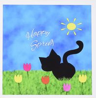 3dRose Cute Black Kitty Cat Colorful Tulips Happy Spring - Greeting Cards, 6 x 6 inches, set of 12 (gc_180749_2)