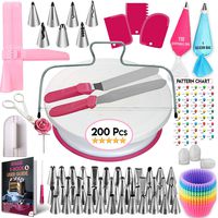 200 Pcs Cake Decorating Supplies Kit for Beginners-1 Cake Turntable Stand with Piping bags and Tips -2 Spatula-Cake Leveler & Icing Smoother-55 Piping tips & Nozzles-Baking tools -20 Cupcake liners