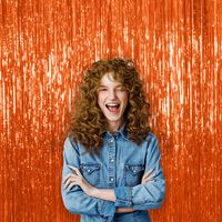 Pack of 1 Orange Sparkling Foil Tinsel 3 x 8 Feet Curtains Photo Booth Fringe Backdrop Decorations Metallic Hanging Door Streamers for Back Drop Disco Party