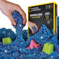 NATIONAL GEOGRAPHIC Sparkling Play Sand - 2 LBS of Shimmering Sand with Castle Molds and Tray (Blue) - A Kinetic Sensory Activity