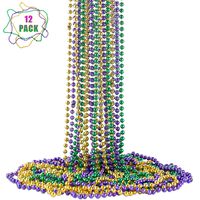 FAVONIR Mardi Gras Assorted Beaded Necklace 12 Pack of Metallic Round Multi Colors Costume Necklace Accessory 33 Inch 7 mm- for Events and Party Favor Novelty