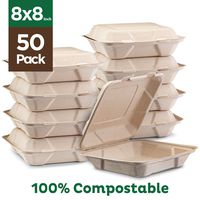 100% Compostable Clamshell Take Out Food Containers [8X8" 50-Pack] Heavy-Duty Quality to go Containers, Natural Disposable Bagasse, Eco-Friendly Biodegradable Made of Sugar Cane Fibers
