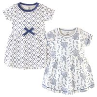 Touched by Nature Girls, Toddler, and Baby Organic Cotton Short-Sleeve Dresses, Blue Elephant, 12-18 Months