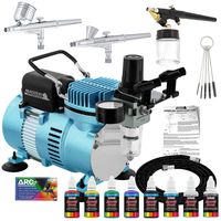 Master Airbrush Cool Runner II Dual Fan Air Compressor Airbrushing System Kit with 3 Professional Airbrushes, Gravity & Siphon Feed - 6 Primary Opaque Colors Acrylic Paint Artist Set - How to Guide