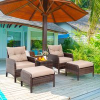 Viogarden 5 Piece Wicker Patio Furniture Set, PE Wicker Rattan Small Patio Set Porch Furniture, Cushioned Patio Chair Set of 2 w/Ottoman & Glass Table, Outdoor Chat Set Conversation Set, Coffee Brown