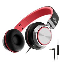 Artix CL750 Foldable Headphones with Microphone and Volume Control, On-Ear Stereo Earphones, Headset for Cellphones Tablets Smartphones Laptop Computer for Adults, Teens, Kids (Red/Gray)