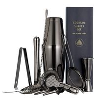 11-piece Black Cocktail Shaker Bar Set: 2 Weighted Boston Shakers, Cocktail Strainer Set, Double Jigger, Cocktail Muddler and Spoon, Ice Tong and 2 Liquor Pourers