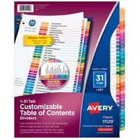 Avery 31-Tab Dividers for a 3 Ring Binders, Customizable Table of Contents, Multicolor Tabs, 1 Set (11129)