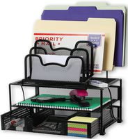 SimpleHouseware Mesh Desk Organizer with Sliding Drawer, Double Tray and 5 Stacking Sorter Sections, Black