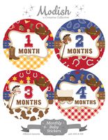 12 Monthly Baby Stickers, Western, Cowboy, Boy, Baby Belly Stickers, Monthly Onesie Stickers, First Year Stickers Months 1-12, Cowboy Hat, Cowboy Boot, Horse, Cow Print, Rope, Wagon, Red, Blue, Brown, Baby Boy