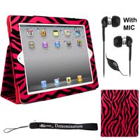eBigValue Hot Pink Zebra Smart Faux Leather Kickstand Portfolio Padfolio Stand Alone Cover Case for Apple iPad 3 Tablet (All 3rd Generation Versions) (TM) Determination Hand Strap and Earbuds