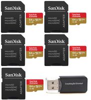 SanDisk 64GB Micro SDXC Extreme Memory Card Five Pack Bundle SDSQXA2-064G-GN6MA Works with GoPro Hero 7 Black, Silver, Hero7 White UHS-1 U3 A2 Plus 1 Everything But Stromboli (TM) Micro Card Reader