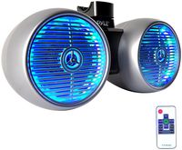 Waterproof Marine Wakeboard Tower Speakers - 6.5" Dual Subwoofer Speaker Set and 1.0" Tweeters, LED Lights and 400 Watt Power - 2-way Boat Audio System with Mounting Bracket - PLMRWB652LES (Silver)