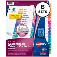 Avery 15-Tab Dividers for 3 Ring Binders, Customizable Table of Contents, Multicolor Tabs, 6 Sets (11197)