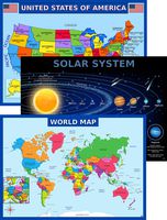 World Map Poster, United States USA Map, Solar System Posters for Kids - Laminated, Size 14x19.5 in.- Educational Posters for Elementary Classroom Decorations, Teacher Supplies (Maps and Solar)