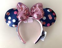 Disney Parks Minnie Mouse Navy Blue Polka Dot Ears Pink Sequin Bow Headband