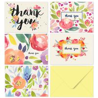 40 Thank You Cards with Envelopes - Floral Watercolor with Yellow Envelopes - Weddings Bridal Showers Baby Showers