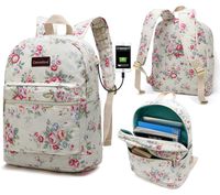 Canvaslove Canvas Waterproof laptop backpack with Massage Cushion Straps and USB charging port for laptop up to 15 inch Men Women Student Outdoor Travel Backpack (White Chinese Rose)