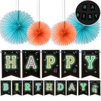 Happy Birthday Banner With 4 Fans,Glow In The Dark UV Party Decoration Happy Birthday Glowing bunting Carnival/Kids Party Supplies Favors Colors Hanging Decoration by LIDERSTAR