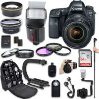Canon EOS 6D Mark II DSLR Camera + Canon EF 24-105mm f/4L is II USM Lens + Fully Dedicated TTL Flash + 64Gb SDXC Card + 57 Inch Monopod + FB-150 Flash Bracket + Backpack Case (21 Items kit)