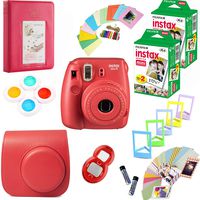 Fujifilm Instax Mini 8 Film Camera (Raspberry) + 2 Twin Packs Instax Film (40 Shots Total) + Pleather Protective Camera Case + Photix 5-Color Frame Set + Decorative Stick-on Frames - 20 Designs