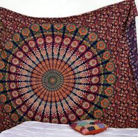 Bless International Indian Hippie Bohemian Psychedelic Peacock Mandala Wall Hanging Bedding Tapestry (Golden Red Green, King(88x104Inches)(225x265Cms))