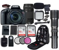 Canon EOS Rebel T7i DSLR Camera with Canon EF-S 18-135mm f/3.5-5.6 is STM Lens + Canon EF 75-300mm f/4-5.6 III Lens + 500mm f/8 Preset Lens + LED Light + Microphone + Video Accessory Bundle