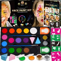 Face Paint Kit for Kids - 60 Jumbo Stencils, 15 Large Water Based Paints, 2 Glitters - Halloween Makeup Kit, Professional Face Paint Palette, Face Paints Safe for Sensitive Skin, Face Painting Book