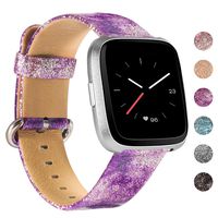 Wearlizer Bling Wide Leather Band Compatible with Fitbit Versa 2/Versa/Versa Lite/Versa SE,Vintage Genuine Soft Replacement Women Large Small Strap(Glitter Purple)
