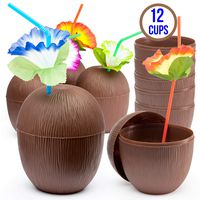 Prextex 12 Pack Coconut Cups for Hawaiian Luau Kids Party with Hibiscus Flower Straws - Tiki and Beach Theme Party Fun Drink or Decoration Cups