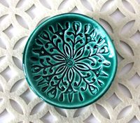 Green Ring Dish - Handmade Jewelry Bowl - Bohemian/Boho dish with stamped floral pattern and emerald green glaze