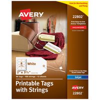 Avery Printable Tags for Inkjet Printers Only, Tags With Strings, 2" x 3.5", 96 Tags (22802)