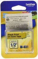 Brother Tape Cartridge 0.5IN Wide, Non-laminated Black on Gold (M831)